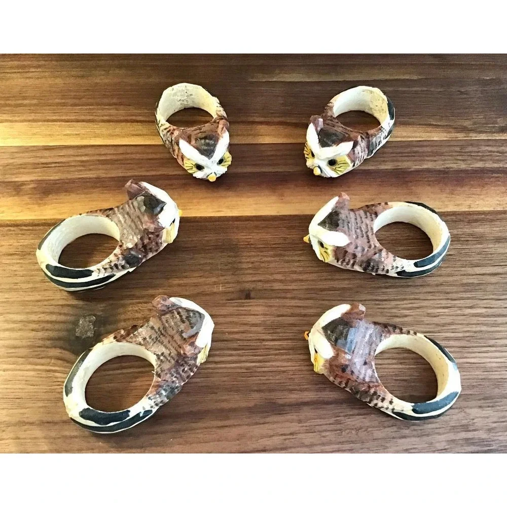 Hand Carved Wood Owl Napkin Rings Set of 6 Rustic Cabin Cottagecore Boho Indie‎